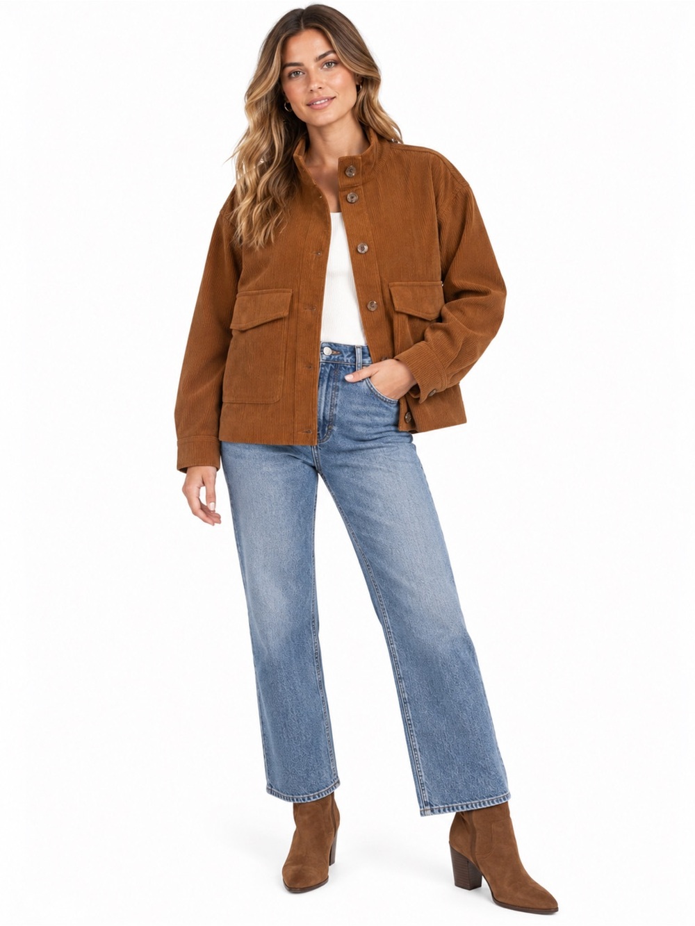 Avec Les Filles Funnel Neck Corduroy Utility Jacket Brown Snap Pocket Shacket M